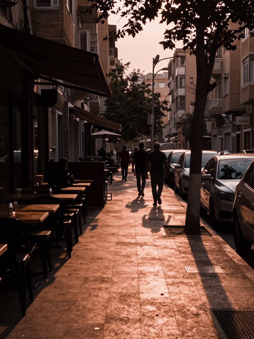 Beirut Dusk Street Scene with Leaf Shadows and Glass Jar in Copper Light in in Beirut, Lebanon