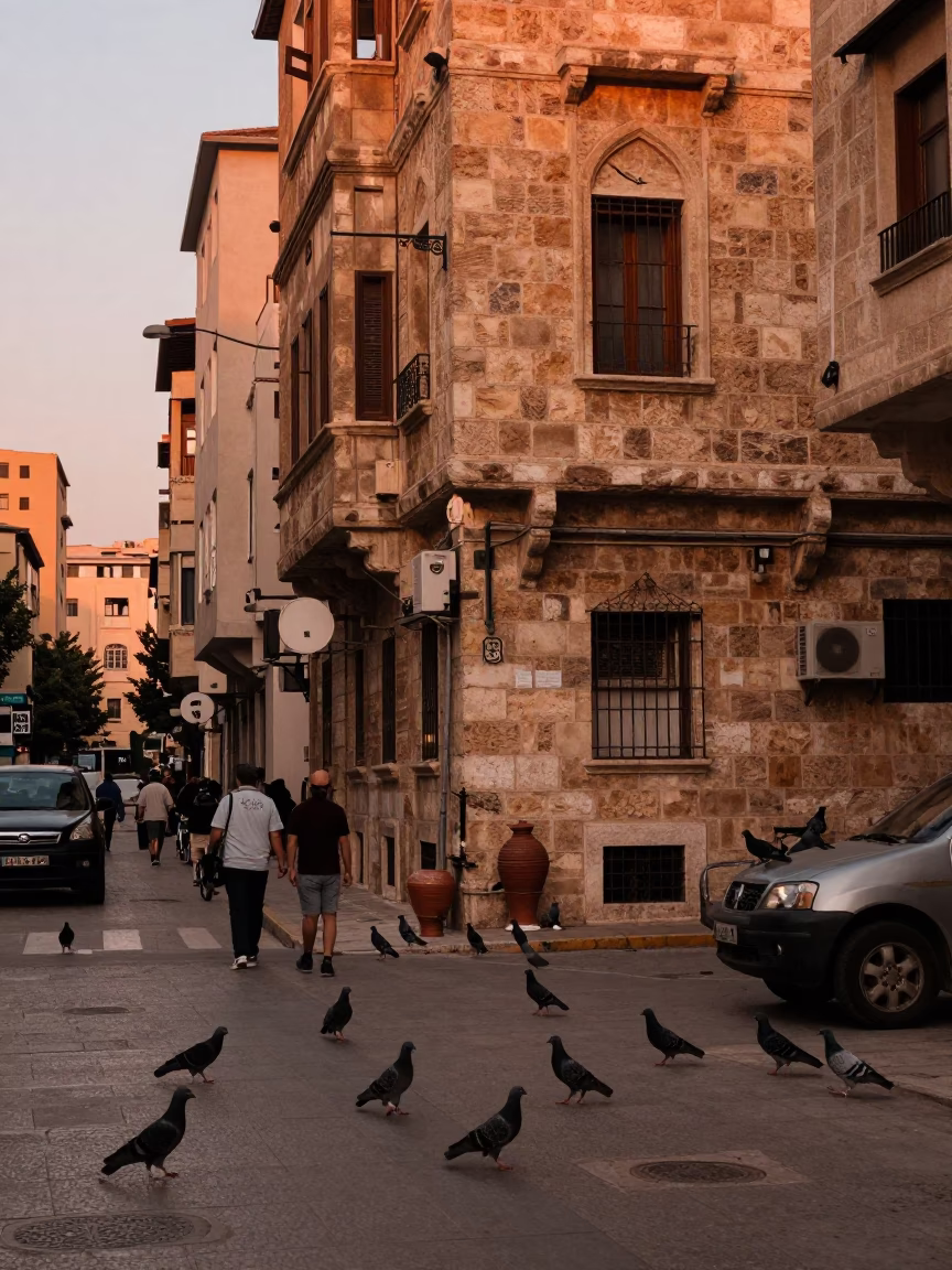 Beirut Dusk Street Scene with Pigeons and Traditional Clay Pot Tea Service in in Beirut, Lebanon
