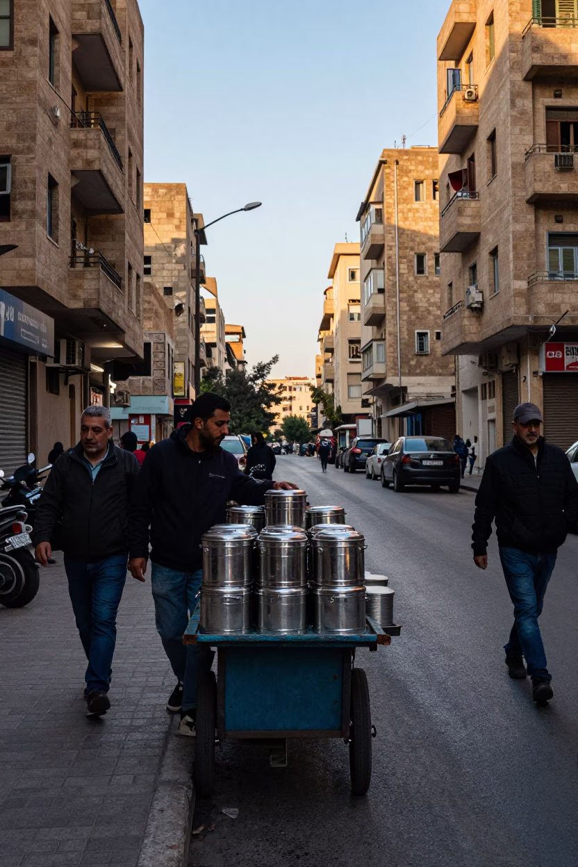 Beirut Early Morning Street Scene with Tiffin Tin and Local Market Activity in in Beirut, Lebanon