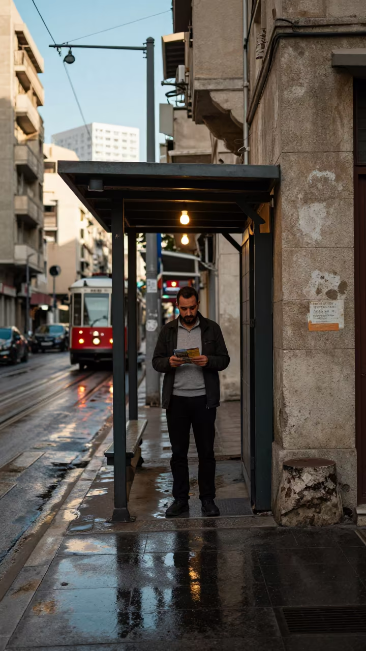Beirut Evangelist Under Bulb at Tram Stop in at a tram stop in Beirut
