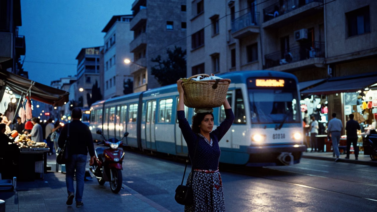 Beirut Evening Blue Hour Street Scene with Metro Train and Market Basket in in Beirut, Lebanon