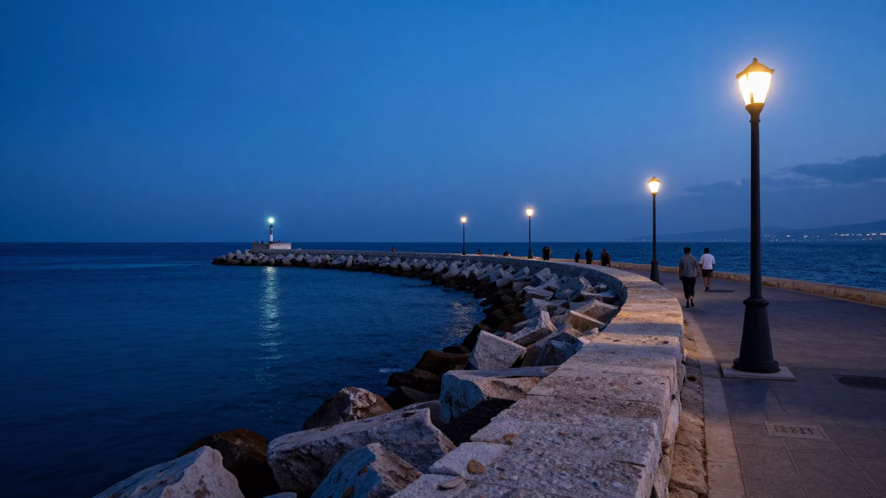 Beirut Evening Harbor Scene with Breakwater Beacon and Glass Carafe Detail in in Beirut, Lebanon