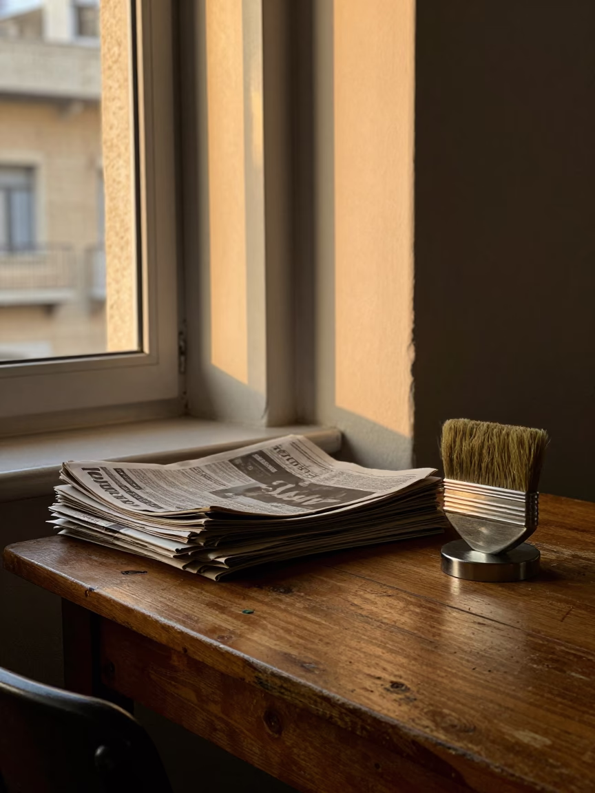 Beirut Evening Interior with Newspaper Stack and Brushed Steel Hook Plate in in Beirut, Lebanon