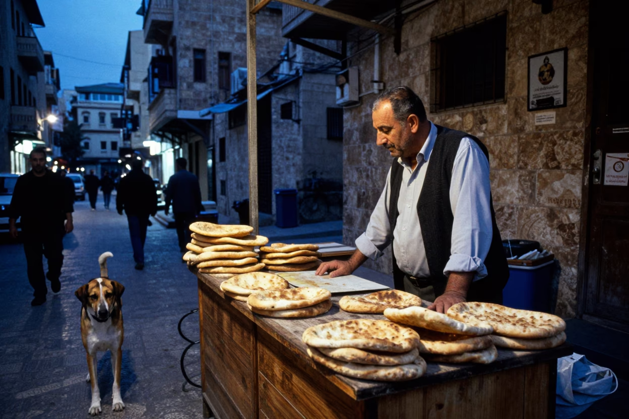 Beirut evening street scene with Canaan Dog and local shopkeeper in twilight in in Beirut, Lebanon