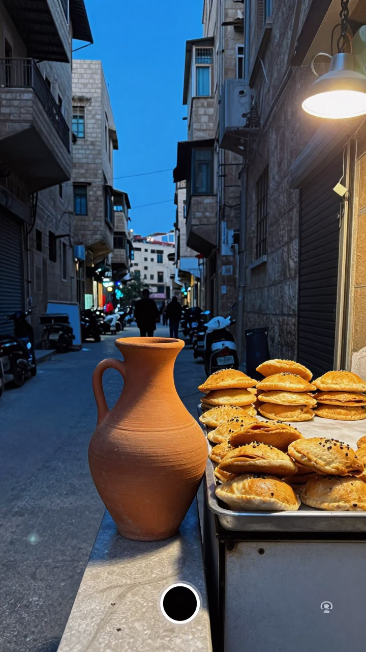 Beirut evening street scene with clay pot and pastries in last blue light in in Beirut, Lebanon