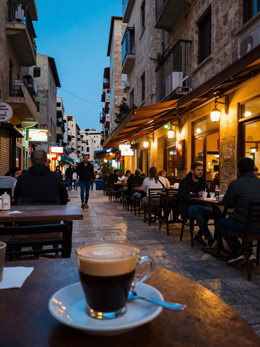 Beirut Evening Street Scene with Espresso Cup and Vintage Italian Majolica Plate in in Beirut, Lebanon