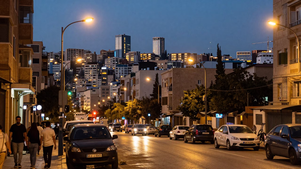 Beirut evening street scene with glowing city lights and distant Mediterranean horizon in in Beirut, Lebanon