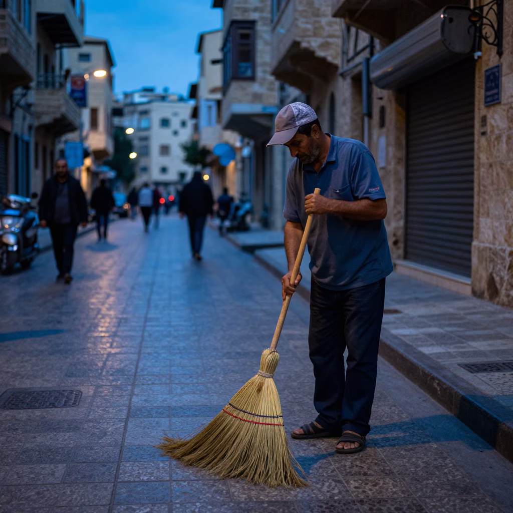 Beirut Evening Street Scene with Hand Broom and Local Interaction in in Beirut, Lebanon