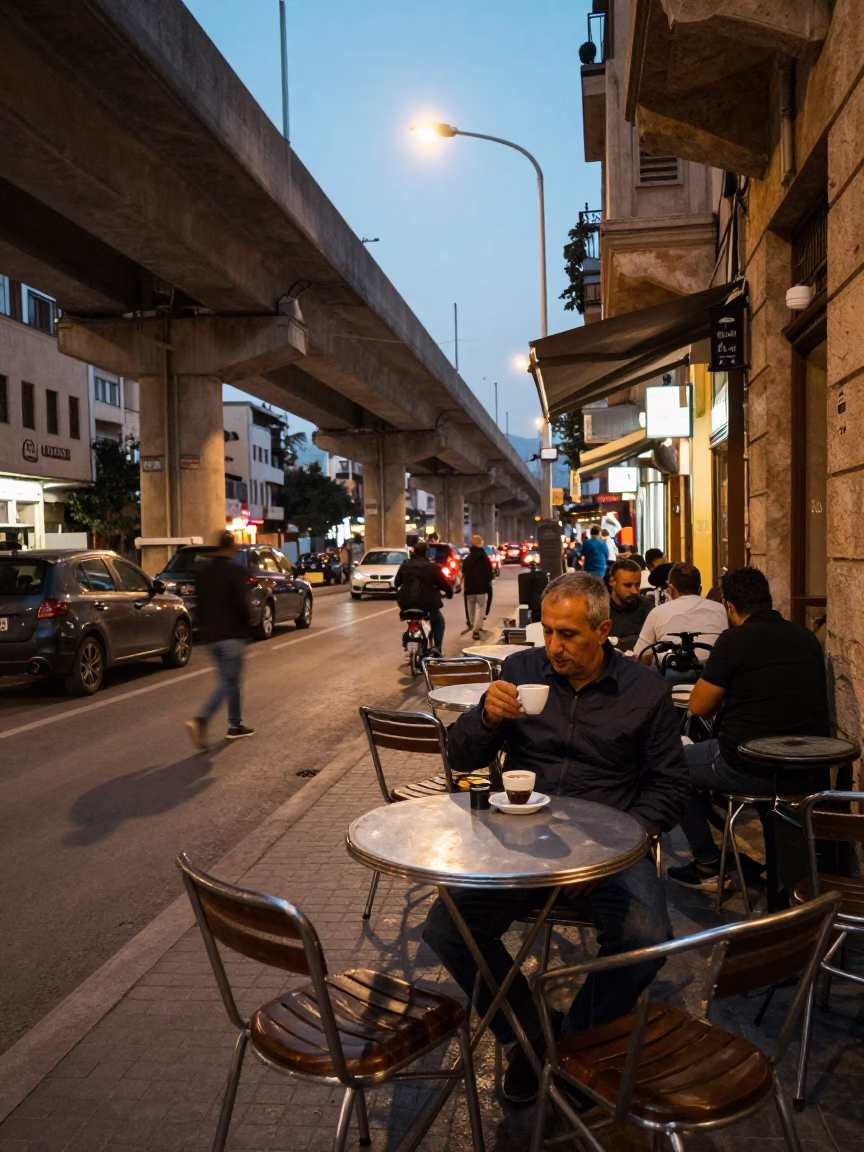 Beirut Evening Street Scene with Overpass Ramp and Espresso Cup in in Beirut, Lebanon