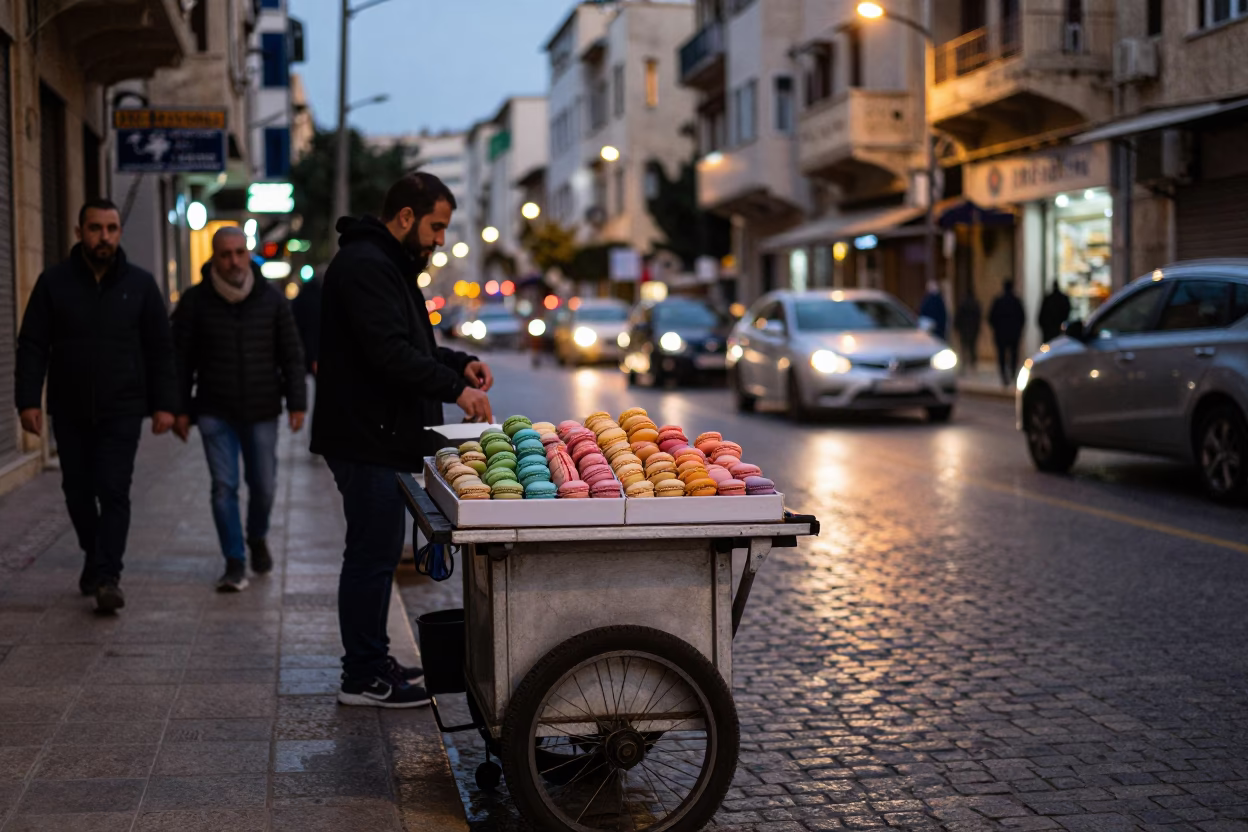 Beirut Evening Street Scene with Pastel Macarons and Urban Life at Dusk in in Beirut, Lebanon
