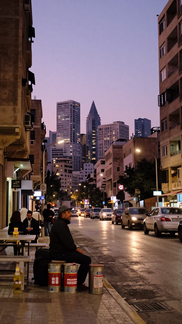 Beirut Evening Street Scene with Tiffin Tin and City Lights Glow in Lebanon in in Beirut, Lebanon
