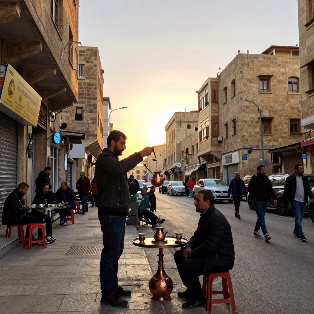 Beirut Golden Hour Street Scene with Copper Cezve and Local Interaction in in Beirut, Lebanon