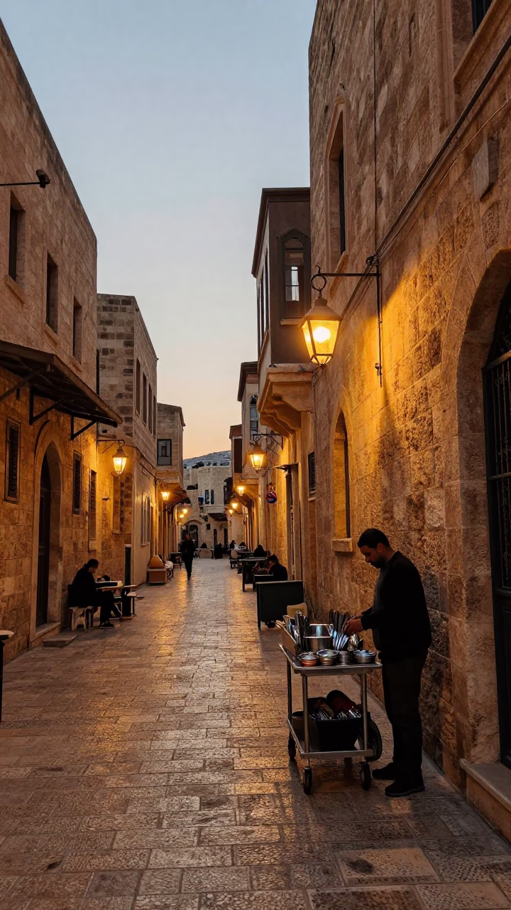 Beirut Golden Hour Street Scene with Lantern-Lit Alley and Local Life in in Beirut, Lebanon