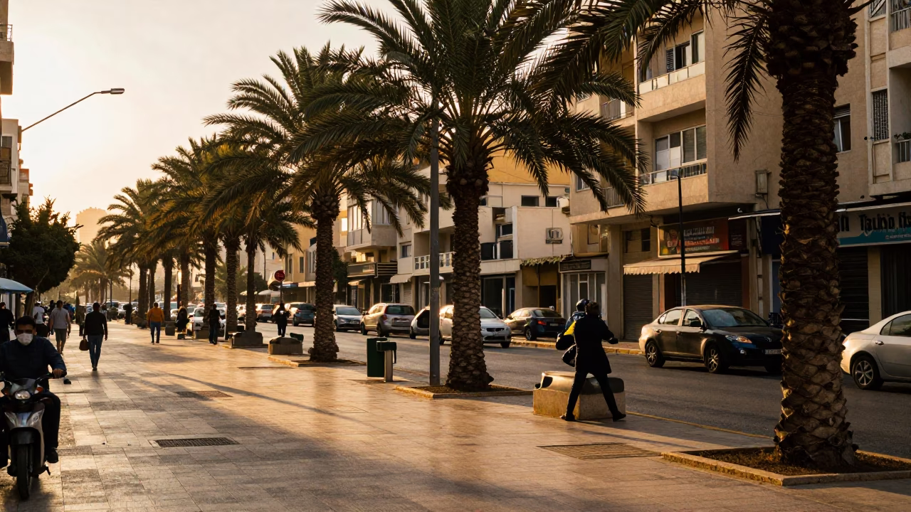 Beirut Golden Hour Street Scene with Palm Trees and Urban Activity in in Beirut, Lebanon