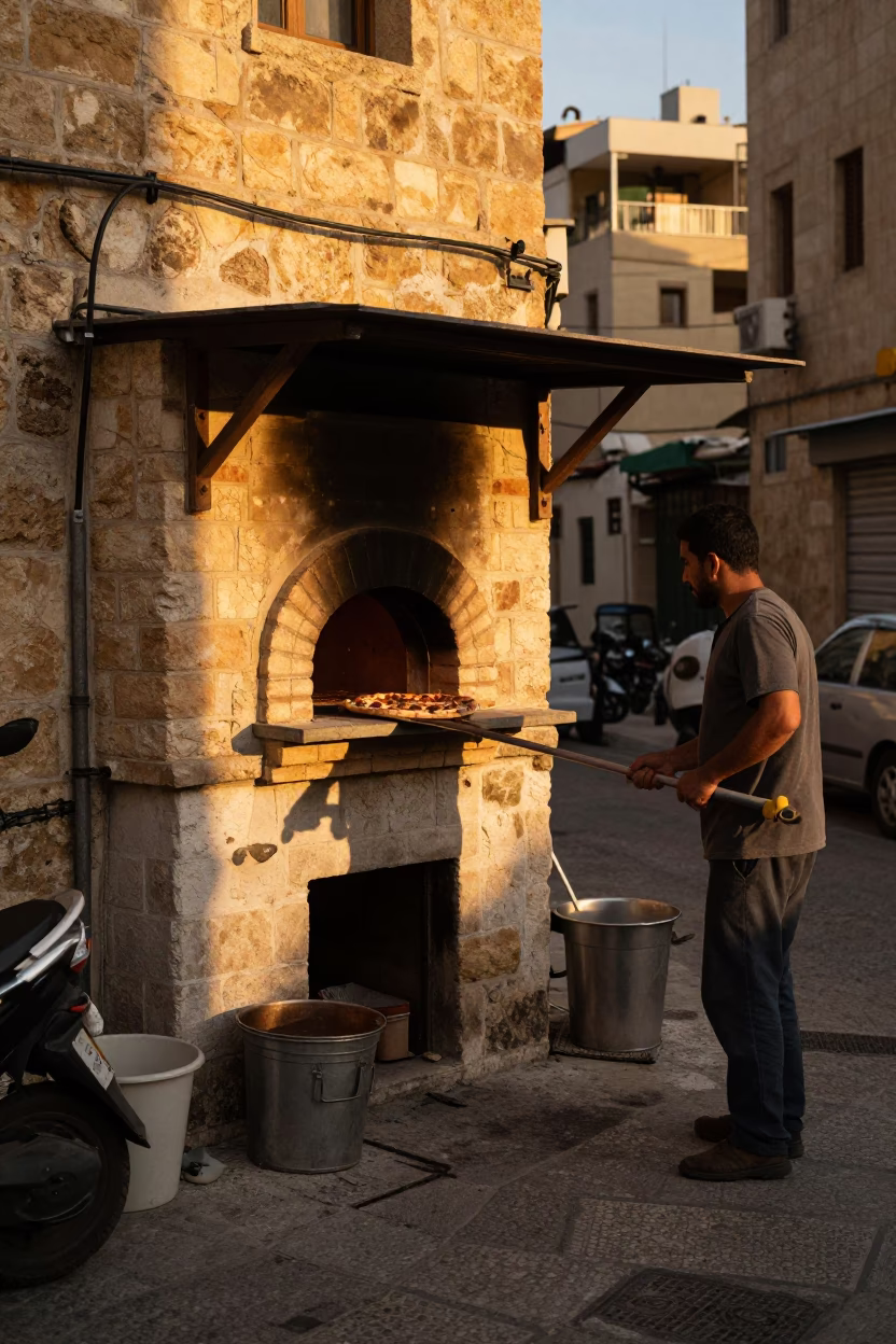 Beirut Golden Hour Street Scene with Skillet and Pizza Oven in in Beirut, Lebanon