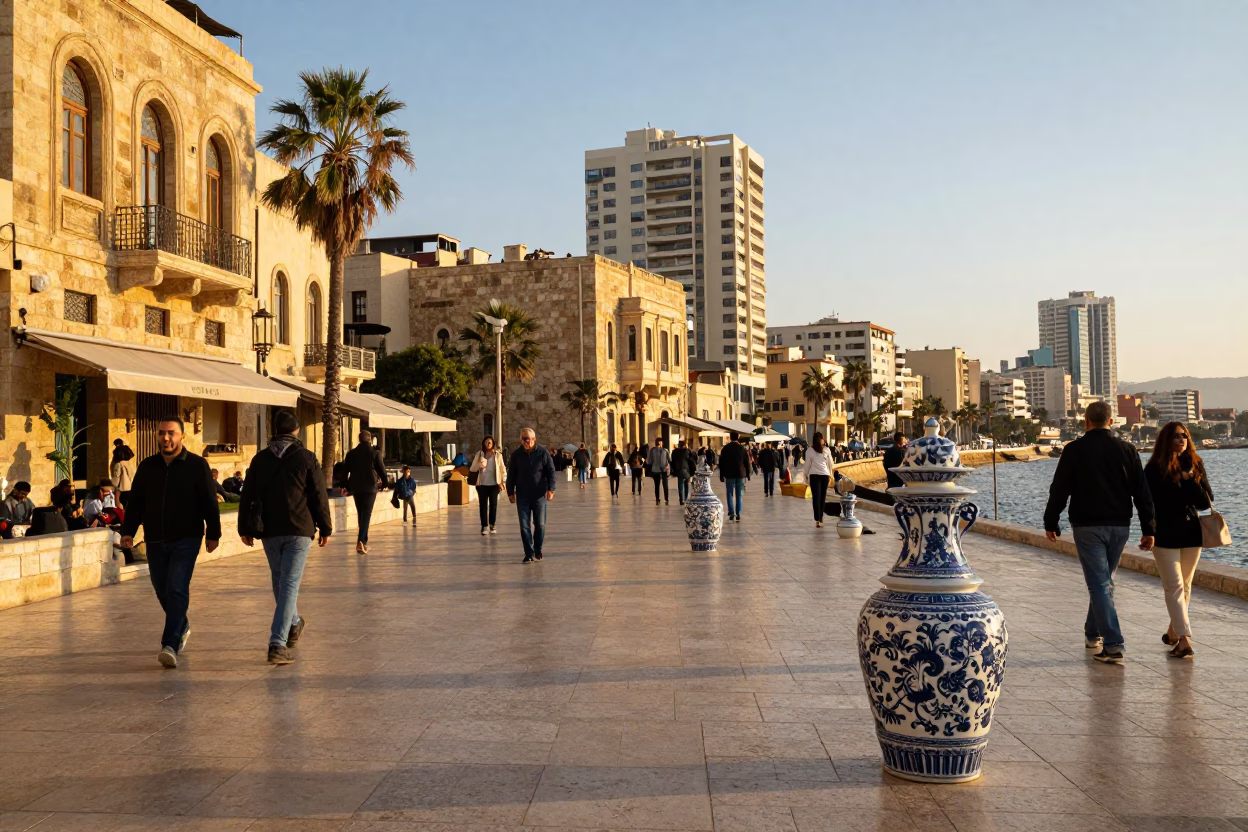 Beirut Golden Hour Street Scene with Vintage Comb and Blue Porcelain Jar in in Beirut, Lebanon