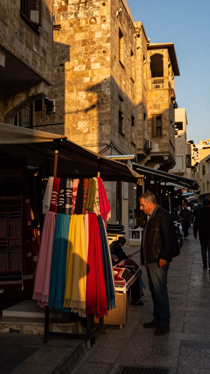 Beirut Golden Hour Street Scene with Wool Scarves and Local Textiles in in Beirut, Lebanon