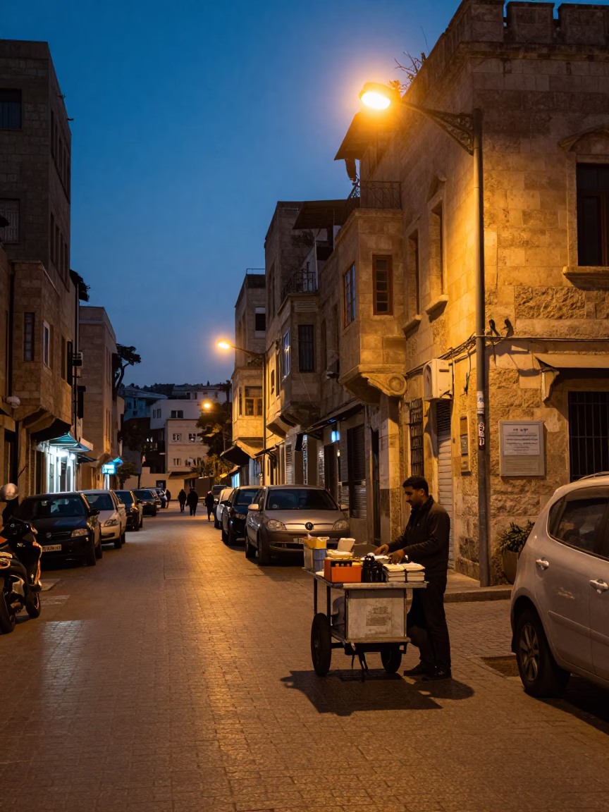 Beirut Indigo Twilight Street Scene with Book Light and Sketchbook in in Beirut, Lebanon