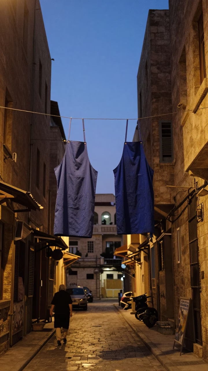 Beirut Indigo Twilight Street Scene with Hanging Aprons and Spice Jars in in Beirut, Lebanon
