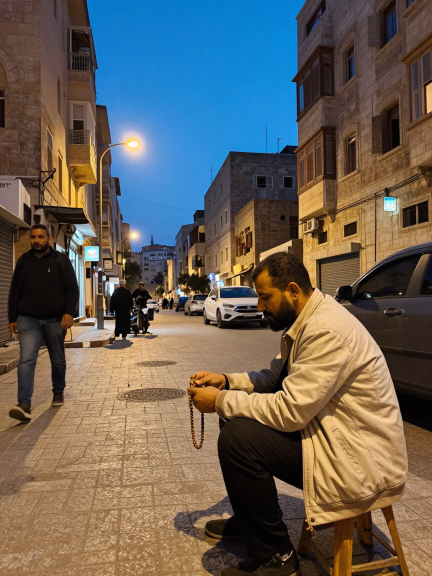 Beirut indigo twilight street scene with prayer beads and ceramic jar in in Beirut, Lebanon
