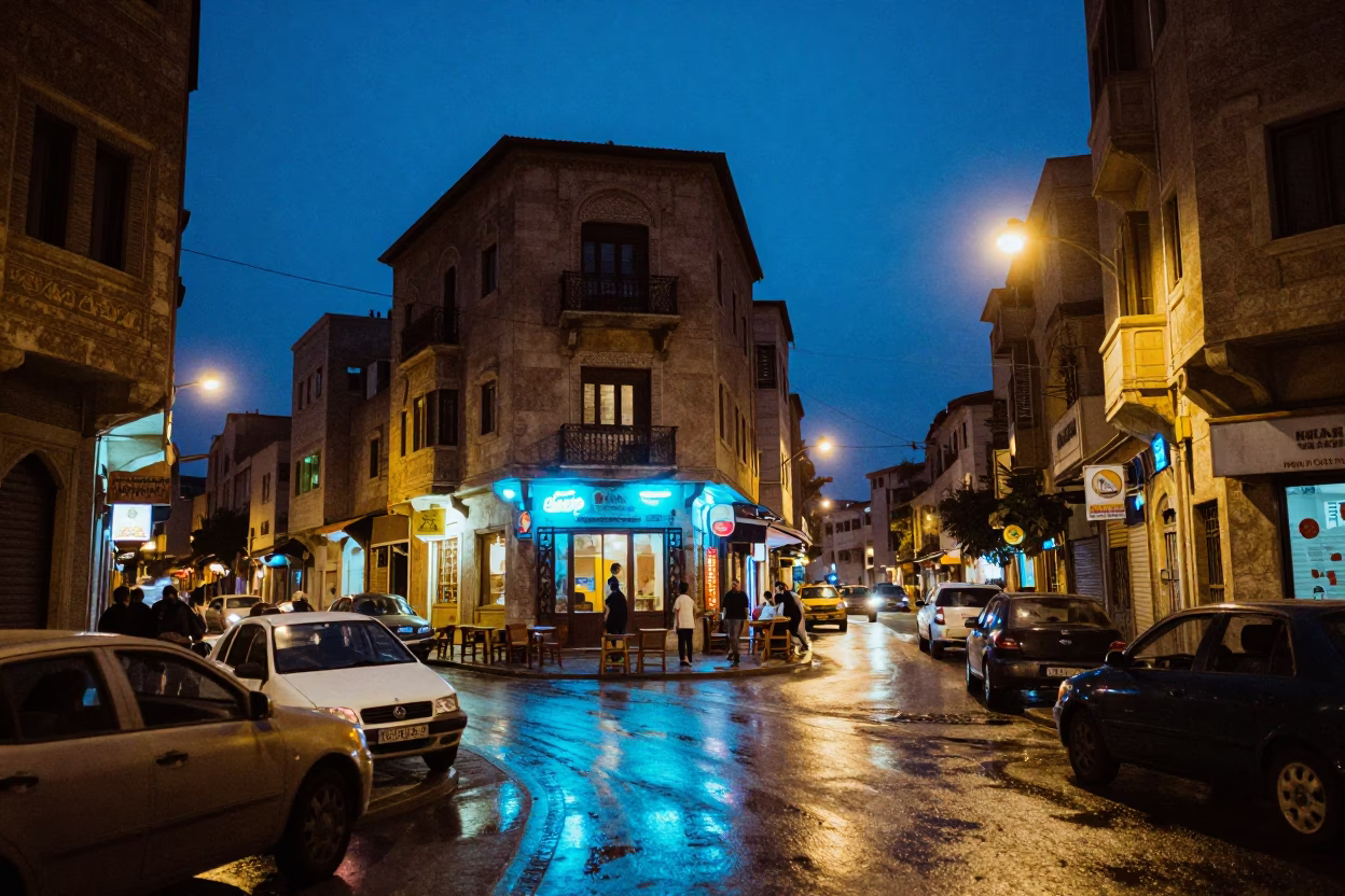 Beirut indigo twilight street scene with traffic and traditional architecture in in Beirut, Lebanon