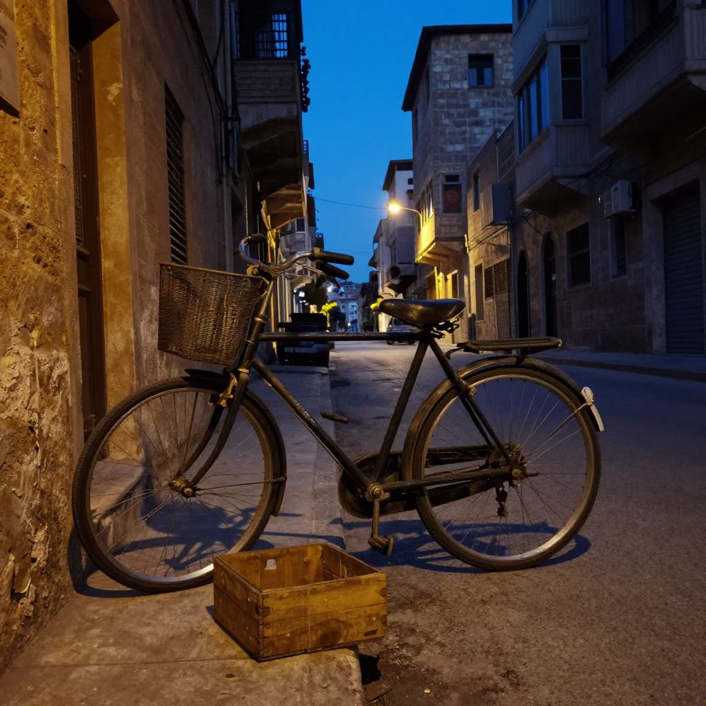 Beirut indigo twilight street scene with vintage bicycle and apricots in in Beirut, Lebanon