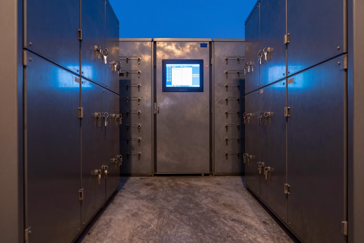 Beirut Key Locker in Indigo Twilight Glow in inside a chilled distribution bay near Beirut