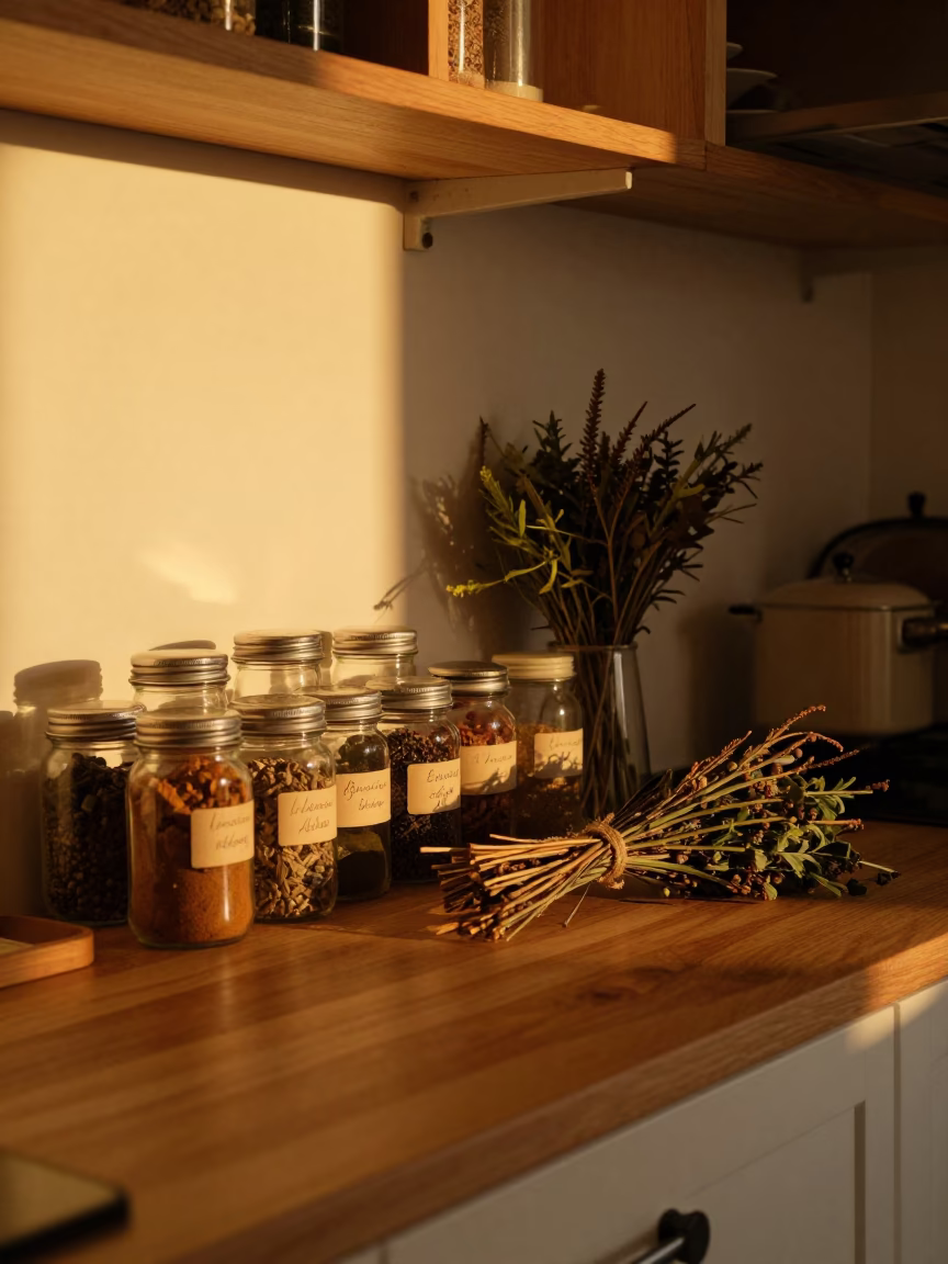 Beirut Kitchen Evening Spice Jars and Herb Bundles Near Window in in Beirut, Lebanon