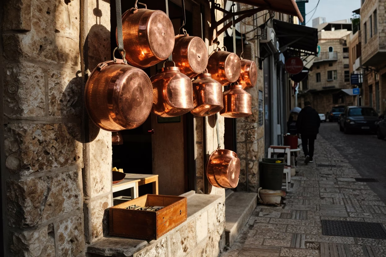 Beirut Late Afternoon Street Scene with Copper Pots and Dominoes in in Beirut, Lebanon