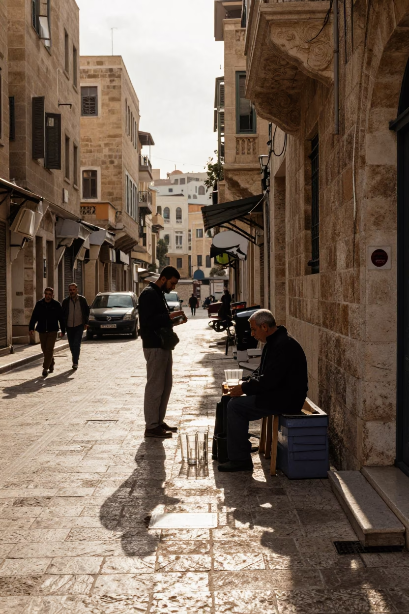 Beirut Late Afternoon Street Scene with Glass Tumblers and Cedar Needles in in Beirut, Lebanon