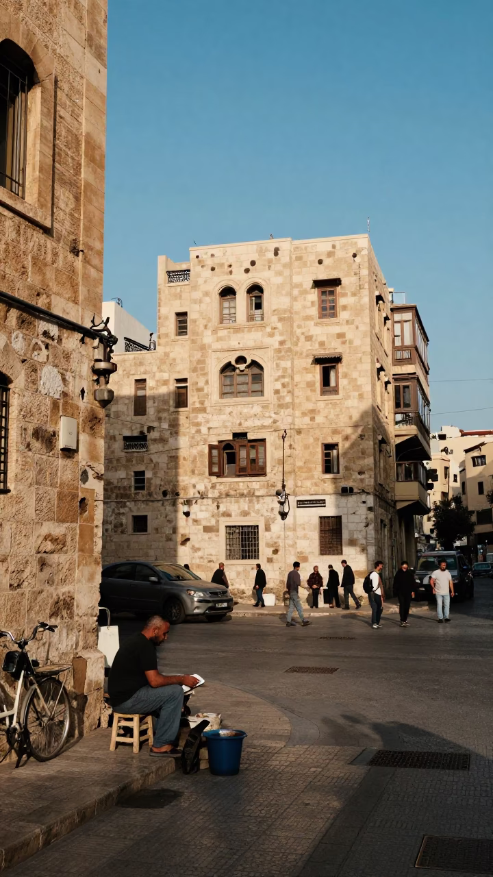 Beirut Late Afternoon Street Scene with Iron Hook and Stone Masonry Details in in Beirut, Lebanon