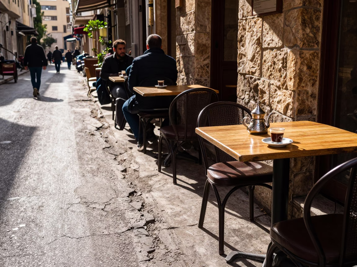 Beirut Late Afternoon Street Scene with Traditional Turkish Coffee and Local Interaction in in Beirut, Lebanon