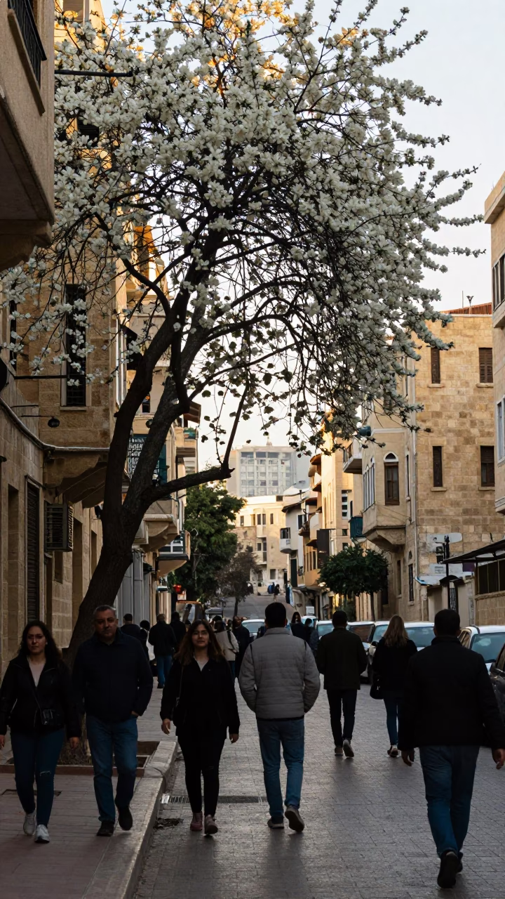 Beirut Late Afternoon Street Scene with White Blossom Trees and Coastal Architecture in in Beirut, Lebanon