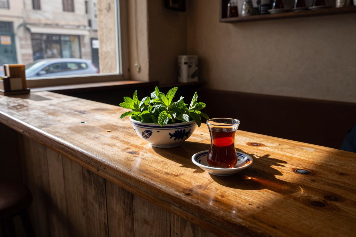 Beirut Lebanese Cafe Counter with Tea Stains and Ceramic Bowl in Early Afternoon Light in in Beirut, Lebanon