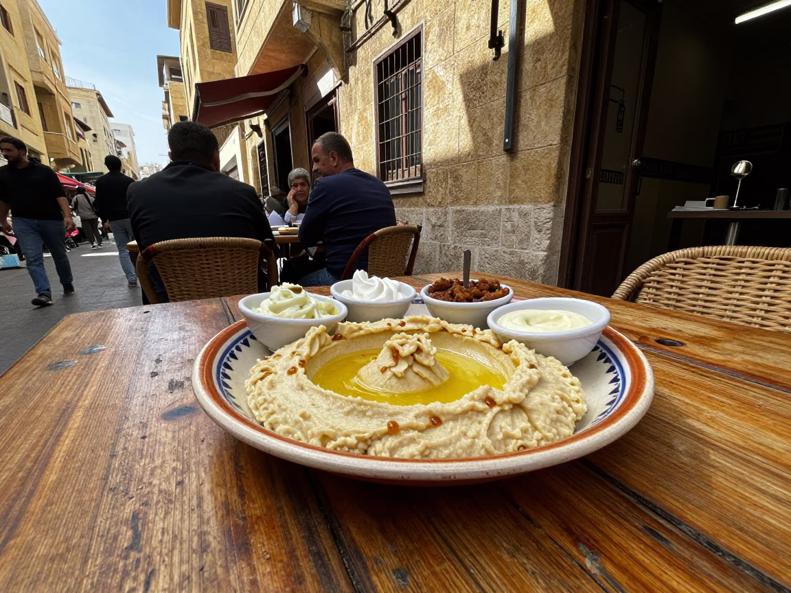 Beirut Lebanon 1970s Street Scene with Mezze Platter and Rattan Stool in in Beirut, Lebanon