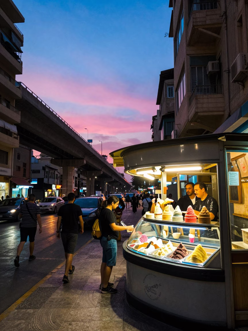 Beirut Lebanon Blue Hour Street Scene Highway Flyover Pink Sky Gelato Display in in Beirut, Lebanon