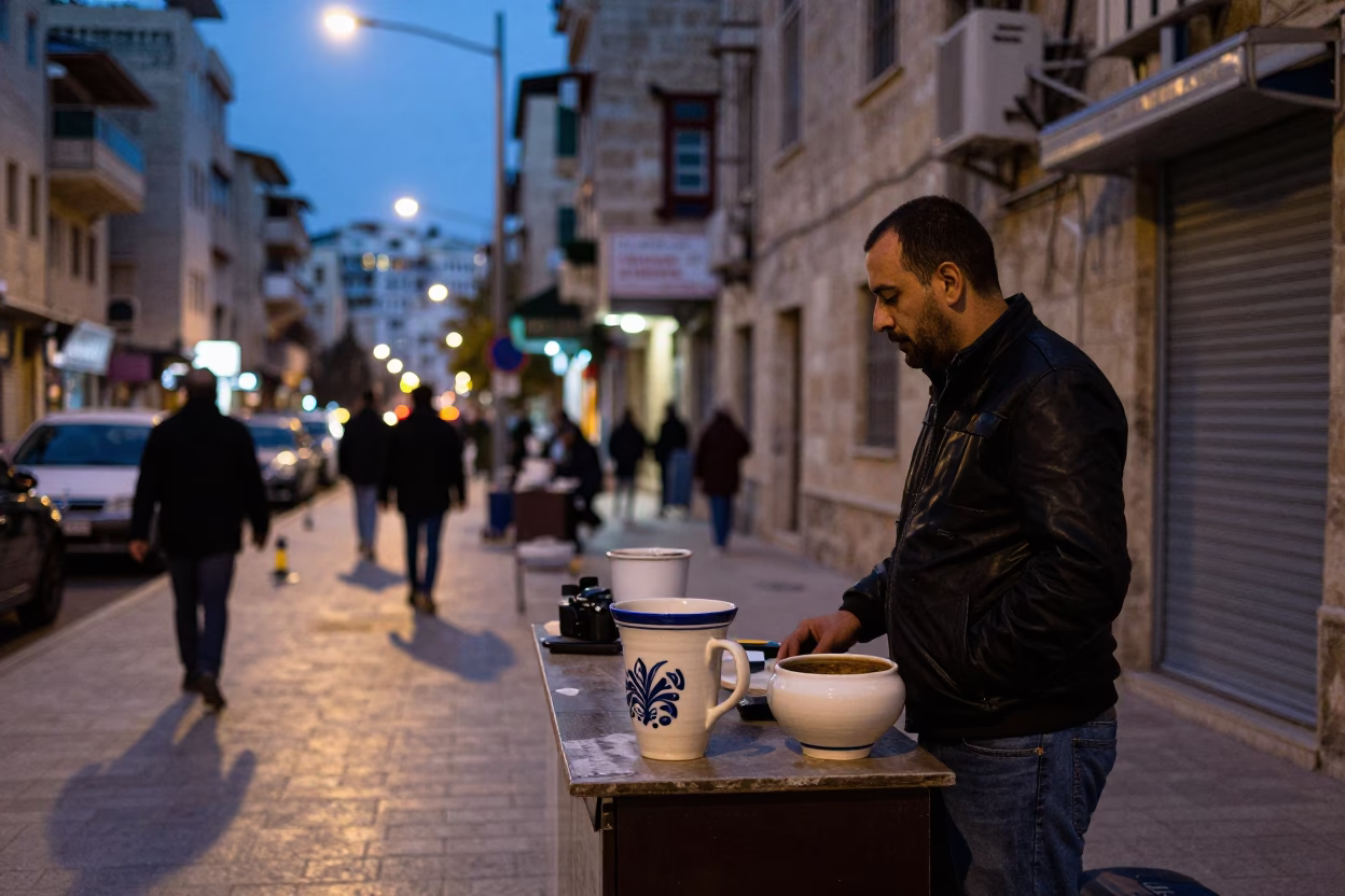 Beirut Lebanon Blue Hour Street Scene with Ceramic Cup and City Lights in in Beirut, Lebanon