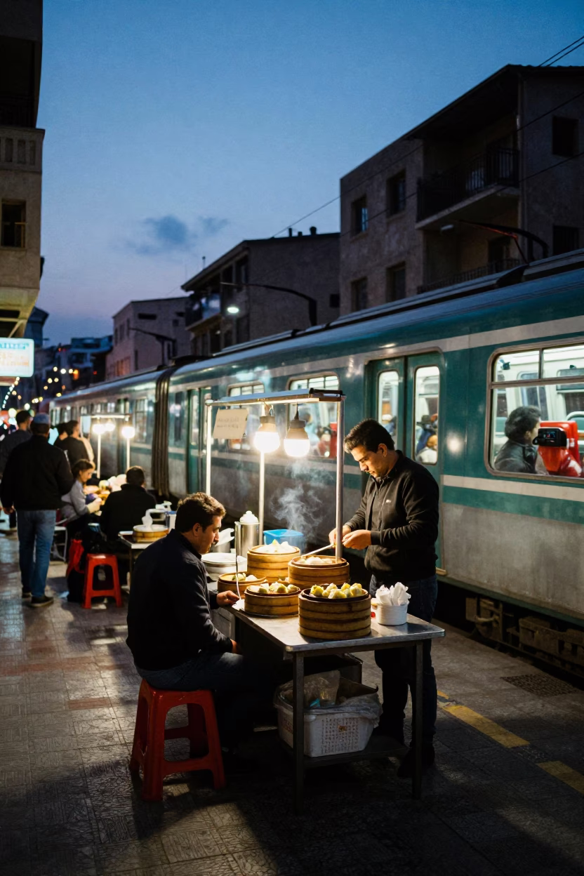 Beirut Lebanon Blue Hour Street Scene with Dim Sum and Metro Train in in Beirut, Lebanon