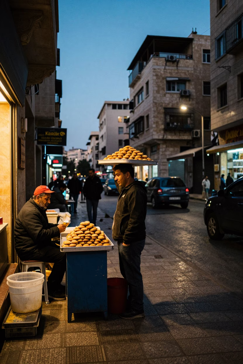 Beirut Lebanon Blue Hour Street Scene with Maamoul Cookies and Urban Architecture in in Beirut, Lebanon