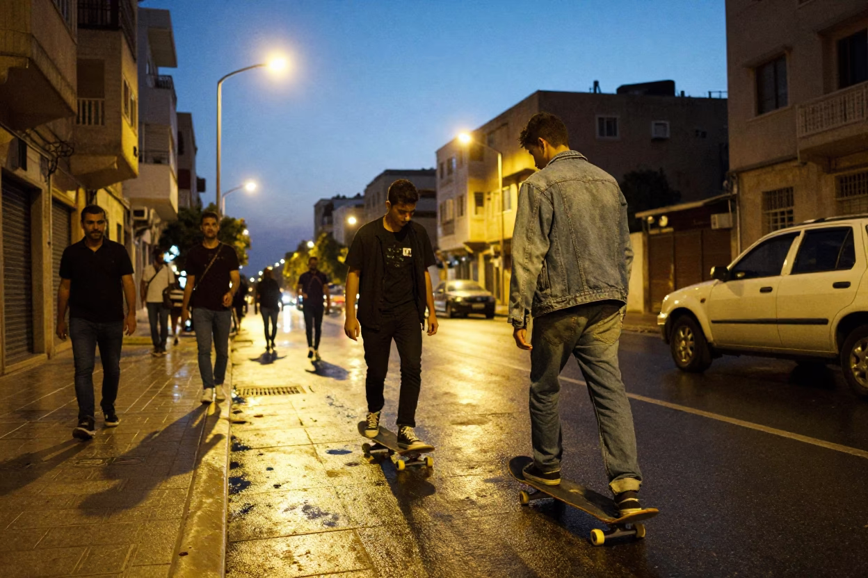 Beirut Lebanon Blue Hour Street Scene with Skateboarder and Vintage 1980s Aesthetic in in Beirut, Lebanon