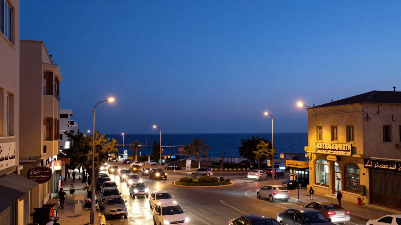 Beirut Lebanon Blue Hour Street Scene with Traffic and Coastal Horizon in in Beirut, Lebanon