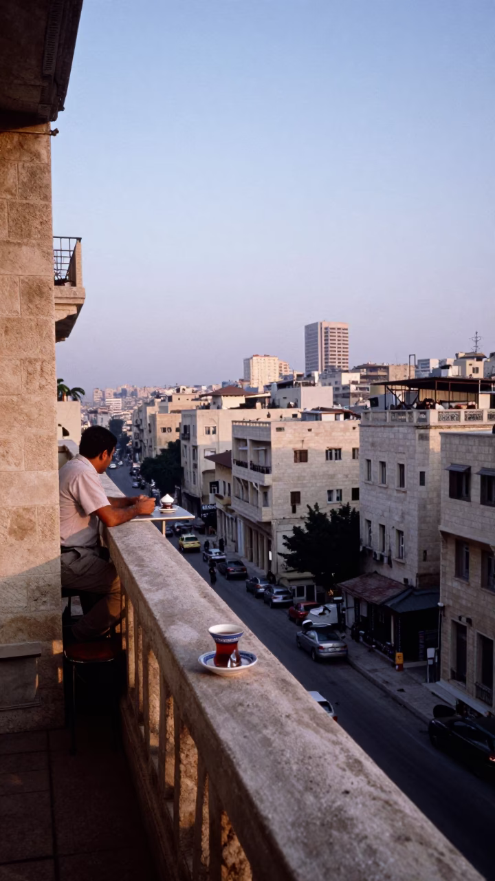 Beirut Lebanon Dawn Street Scene with Ceramic Bowl and Tea Canister on Balcony in in Beirut, Lebanon