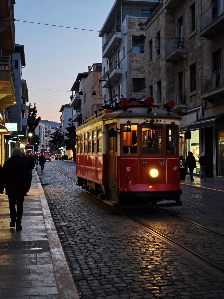 Beirut Lebanon Dawn Street Scene with Heritage Tram and Cobblestone Avenue in in Beirut, Lebanon