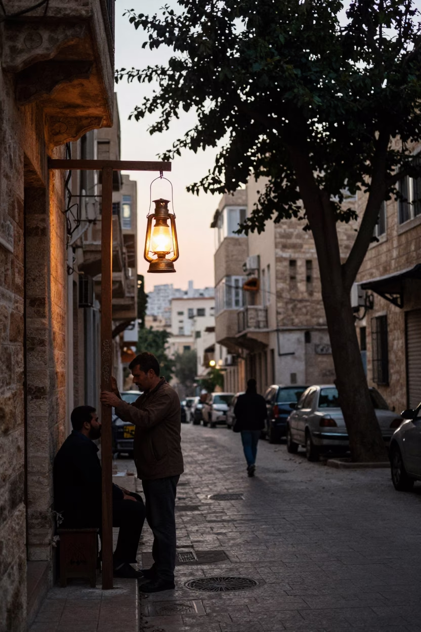 Beirut Lebanon Dawn Street Scene with Lantern and Fig Tree in in Beirut, Lebanon