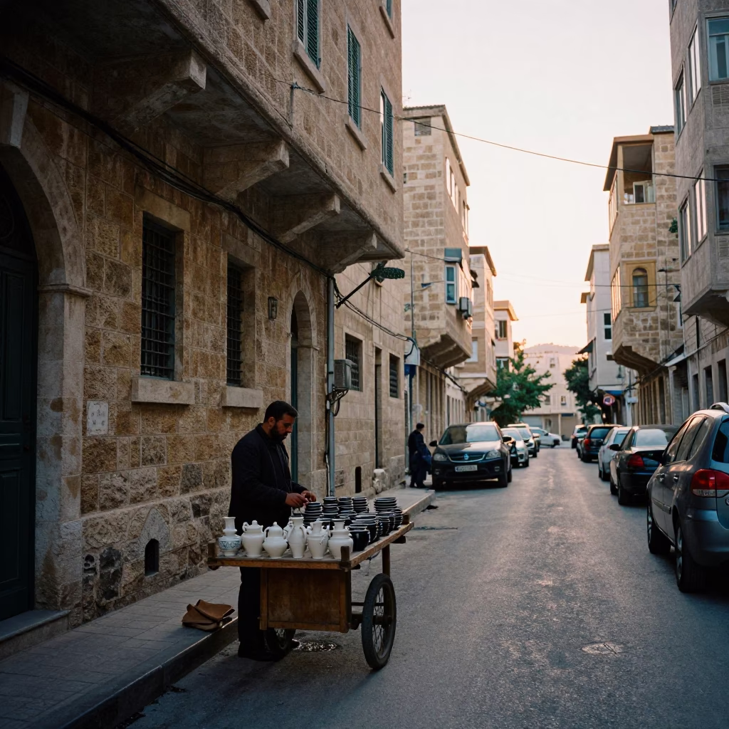 Beirut Lebanon Dawn Street Scene with Local Vendor and Ceramic Bowl in in Beirut, Lebanon