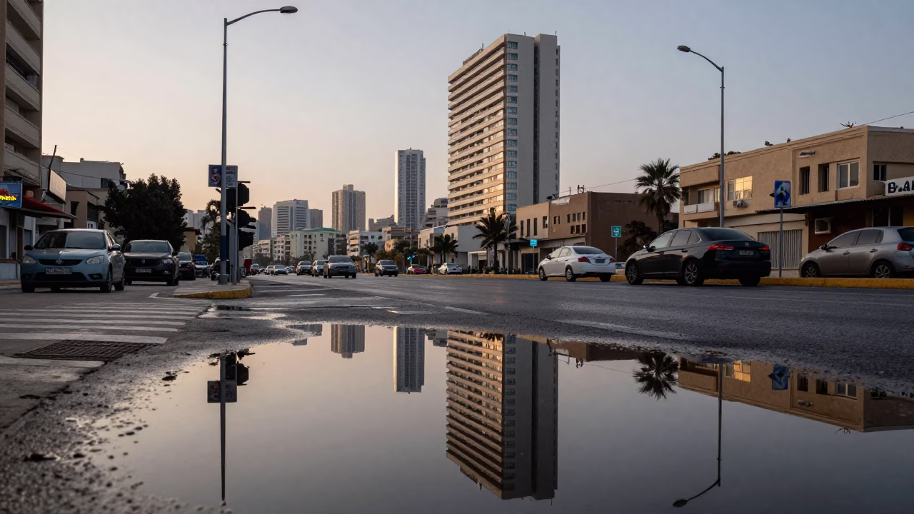 Beirut Lebanon Dawn Street Scene with Puddle Reflections of Hotel Windows and Tail Lights in in Beirut, Lebanon