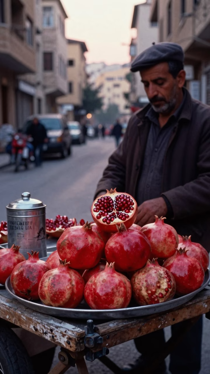 Beirut Lebanon Dawn Street Scene with Tea Tin and Pomegranate in in Beirut, Lebanon