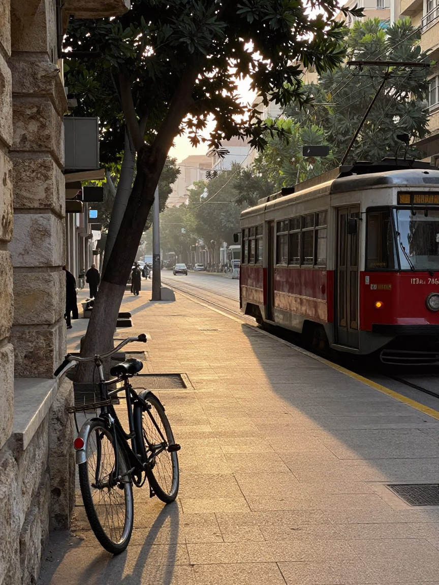 Beirut Lebanon Dawn Street Scene with Vintage Bicycle and Tramcar on Tree Lined Boulevard in in Beirut, Lebanon