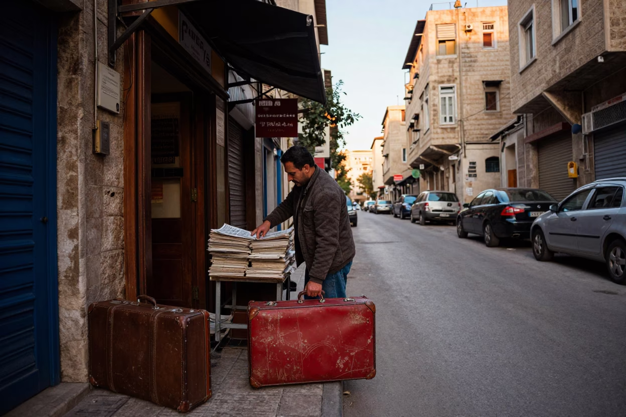 Beirut Lebanon Dawn Street Scene with Vintage Suitcases and Local Market Activity in in Beirut, Lebanon