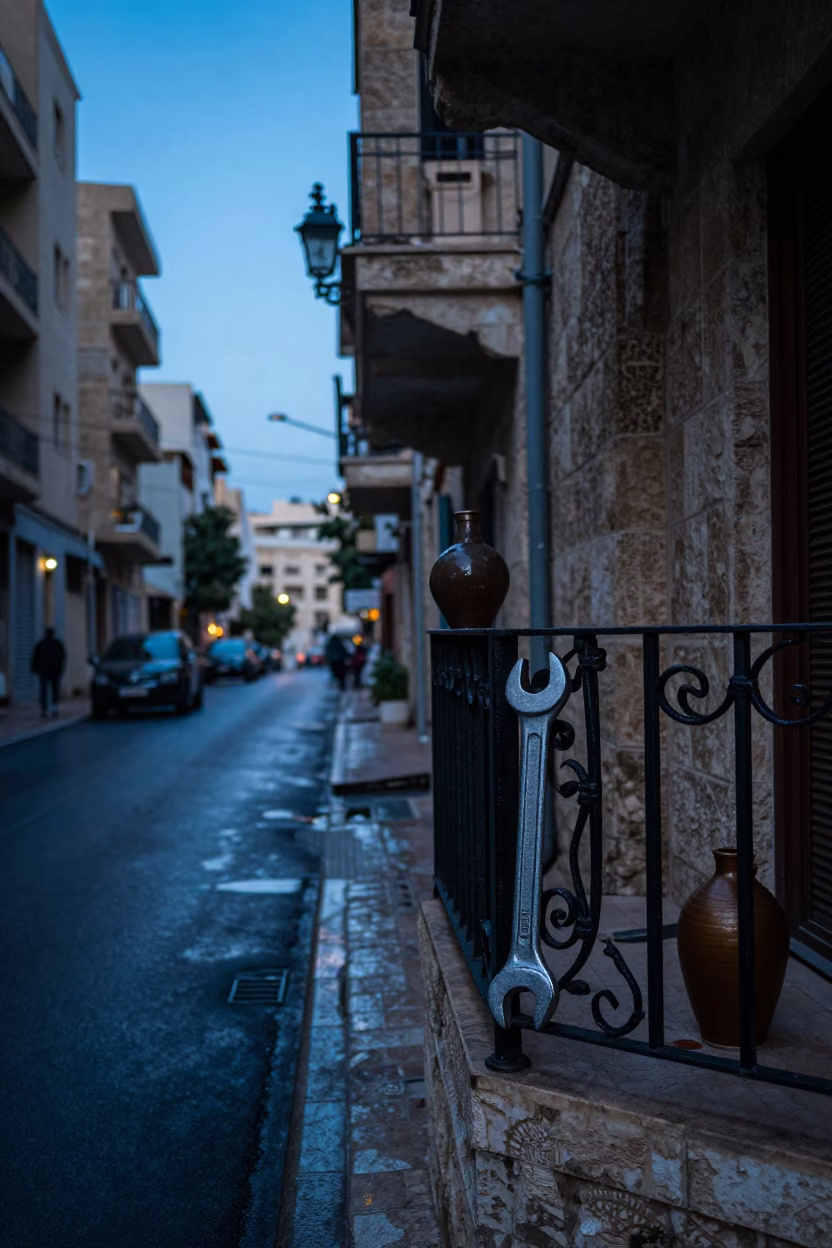 Beirut Lebanon Dawn Street Scene with Wrench and Jam Jar on Balcony in in Beirut, Lebanon